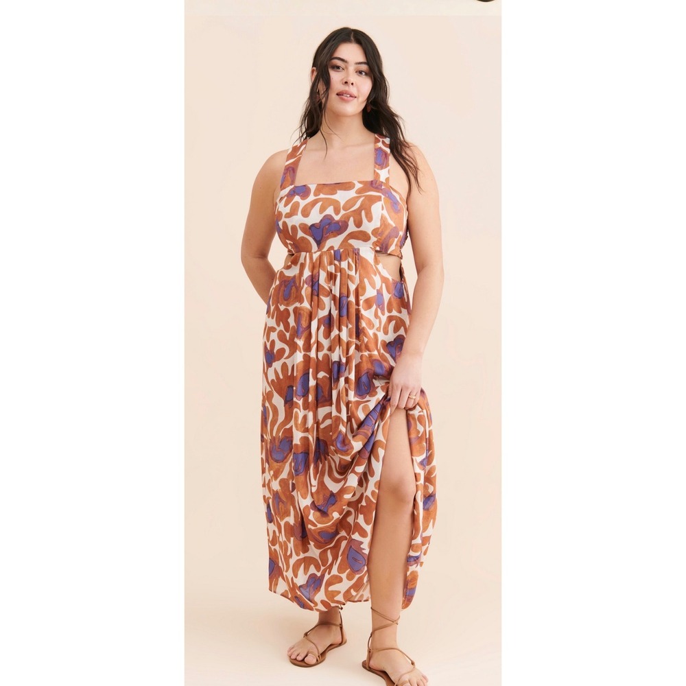 By Anthropologie Honey Abstract Maxi Dress 1X Boho Cutout Pockets Plus